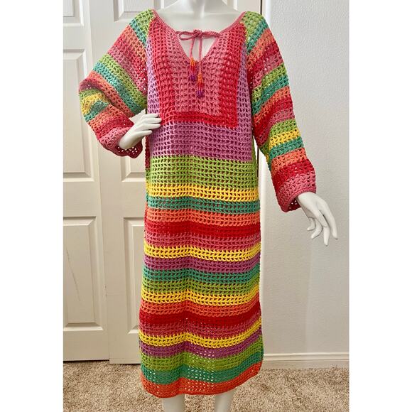 NWOT FARM RIO Striped Multicolor Crochet Dress beaded tassels Cover Up Large - Picture 11 of 16